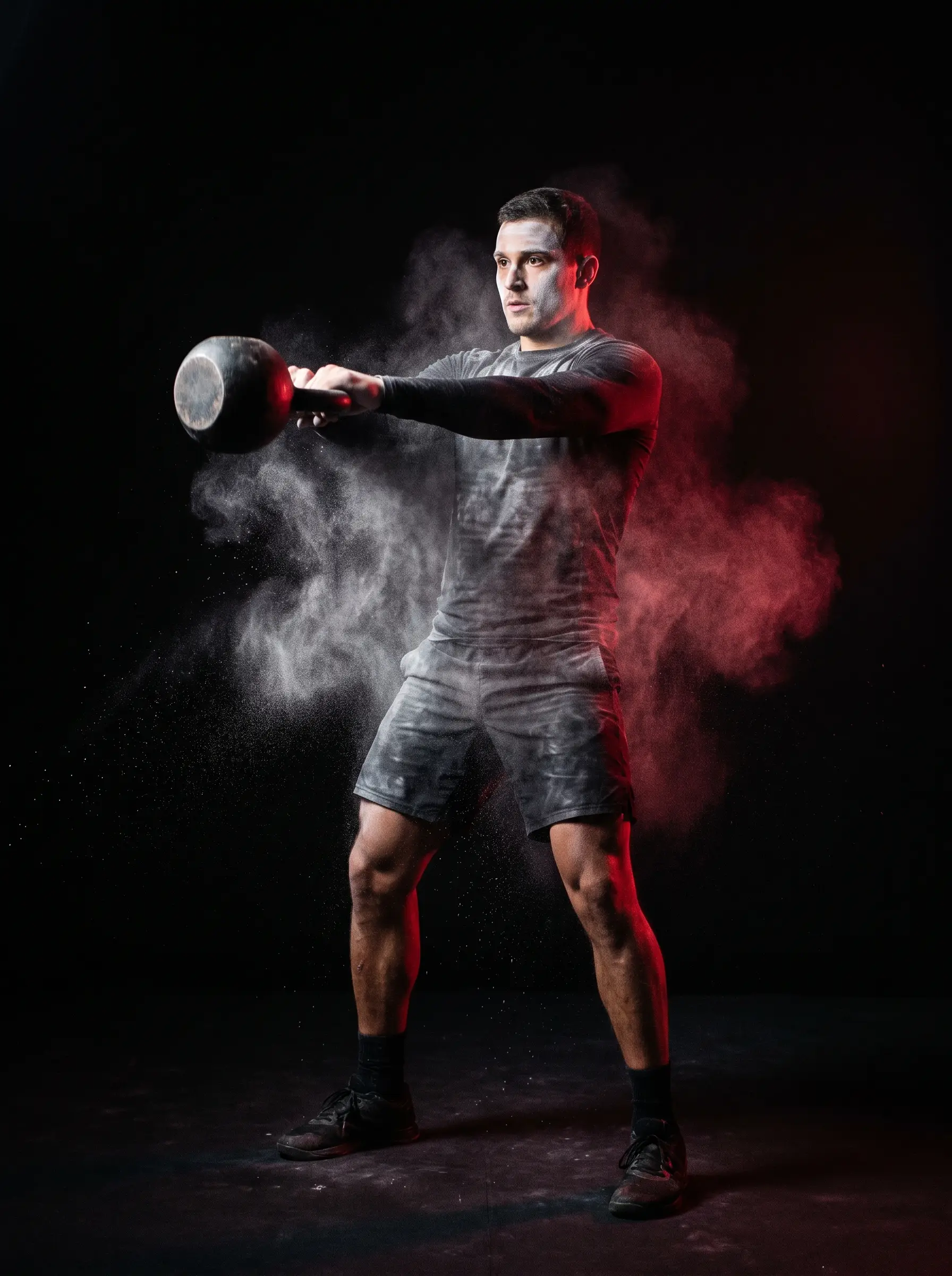 Athlete swinging a kettlebell through chalk dust